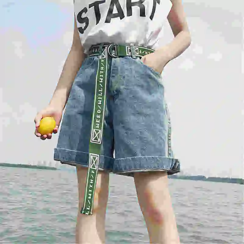 Женские джинсовые шорты в стиле Харадзюку синие повседневные летние с высокой