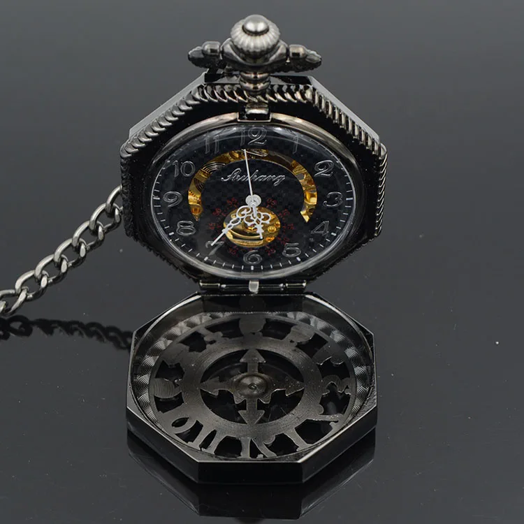 United Kingdom Bat Hexagon Skeleton Watches Steampunk Pocket Watch Antique Black Half Hunter Mechanical | Наручные часы