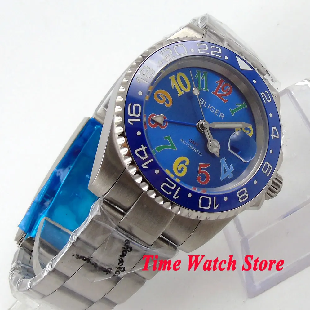 Bliger 40mm blue dial date colorful marks saphire glass Ceramic Bezel GMT Automatic movement Men's watch | Наручные часы