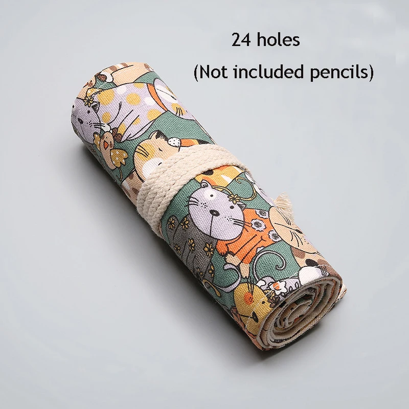 24 holes 12/24/36/48/72 рулон Карандаш Чехол Kawaii Flower кот холст сумка для ручек из уголовного для девочек мальчиков огромный рюксак Карандаш Чехол штрафы коробка канцелярских принадлежностей - Цвет: 24 holes