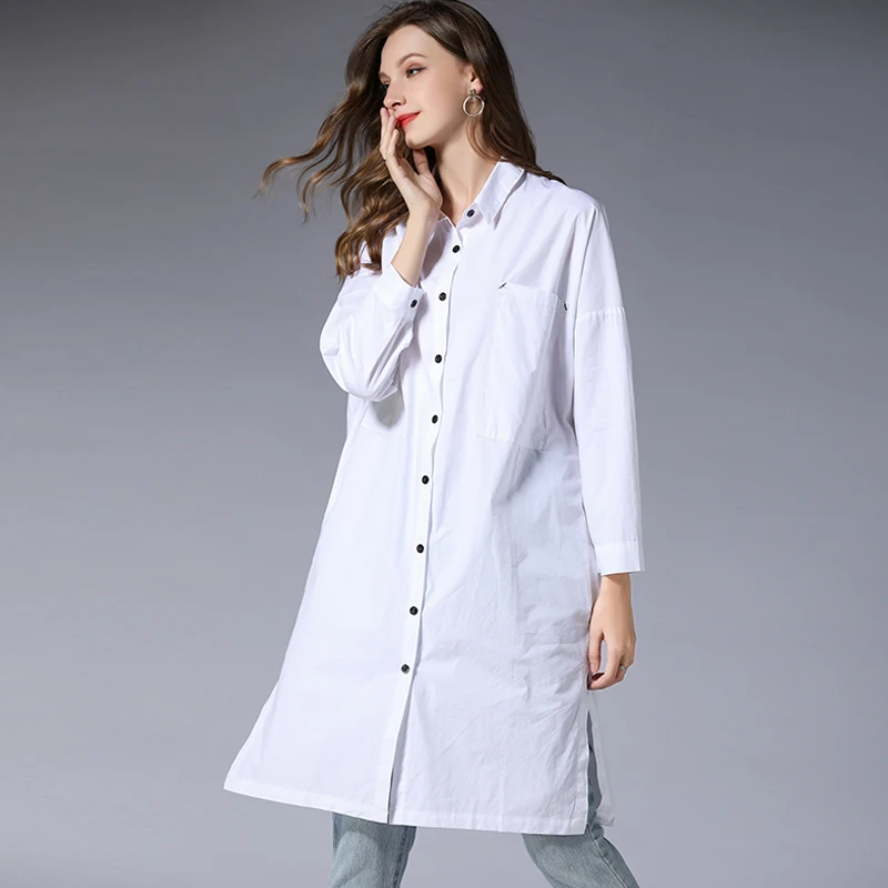 summer spring woman dress shirt black white knee length cotton fashion casual office straight plus size | Женская одежда