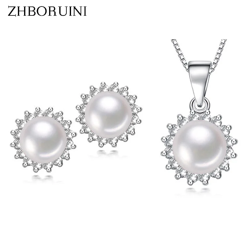 ZHBORUINI 2020 Fashion Necklace Pearl Jewelry Set Natural Freshwater Pearl 925 Sterling Silver Jewelry Zircon Pendant For Women