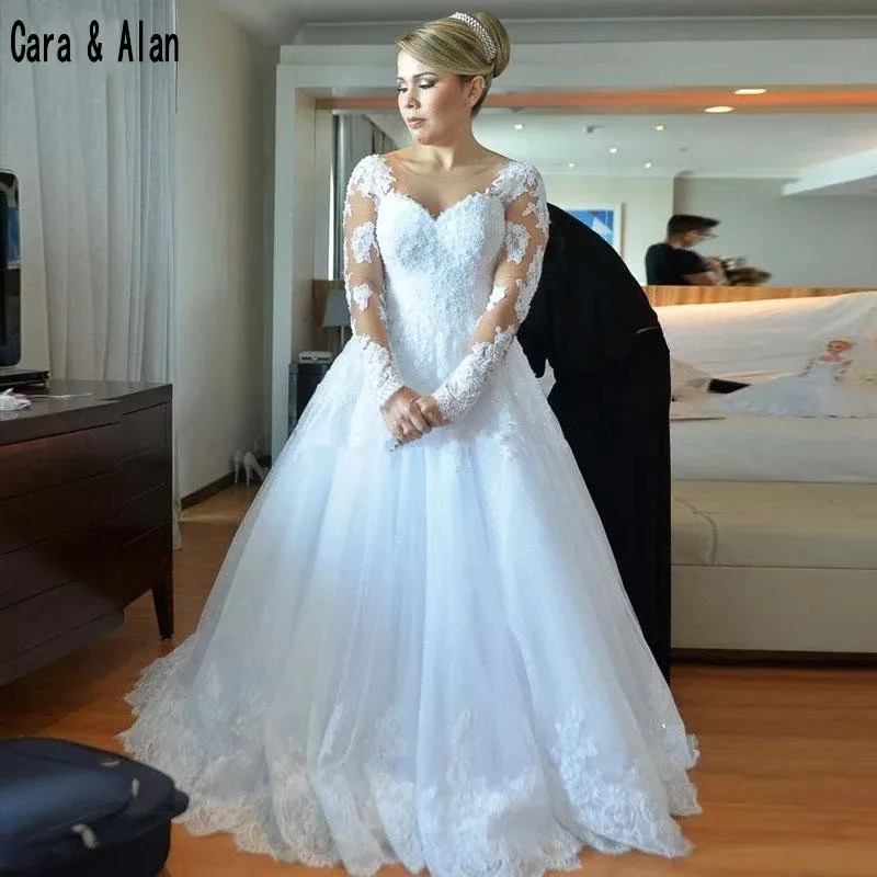 

Custom Made 2019 A Line Wedding Dresses Long Sleeves Tulle Lace Applique Beaded Scoop Formal Bridal Gowns