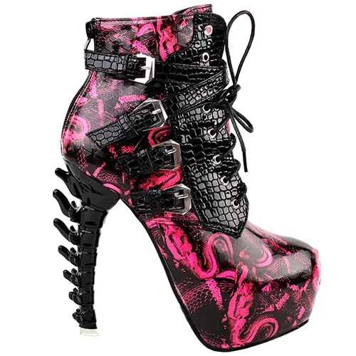 Hot Pink LF80648/пикантные ботильоны в стиле панк на высоком каблуке и платформе с коричневым змеиным узором; Цвет Черный - Цвет: Hot Pink