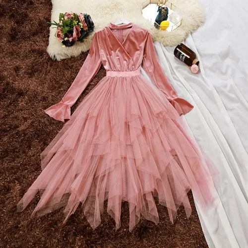 Pink Осень Зима Новое Женское платье с v-образным вырезом и расклешенными рукавами, бархатное комбинированное платье с неровной сеткой, женское однотонное приталенное платье - Цвет: Pink