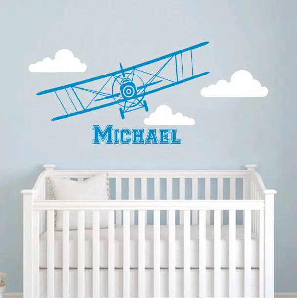 Наклейка самолет на стену индивидуальное имя Белое Облако биплан наклейка Дети