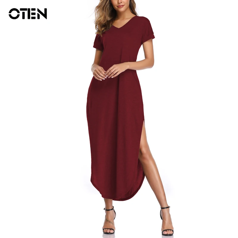 

OTEN Elegant Women Dress Loose short sleeves Ankle-Length 2019 Summer V-Neck Vintage Solid Color pocket Casual Sexy Split S-2XL