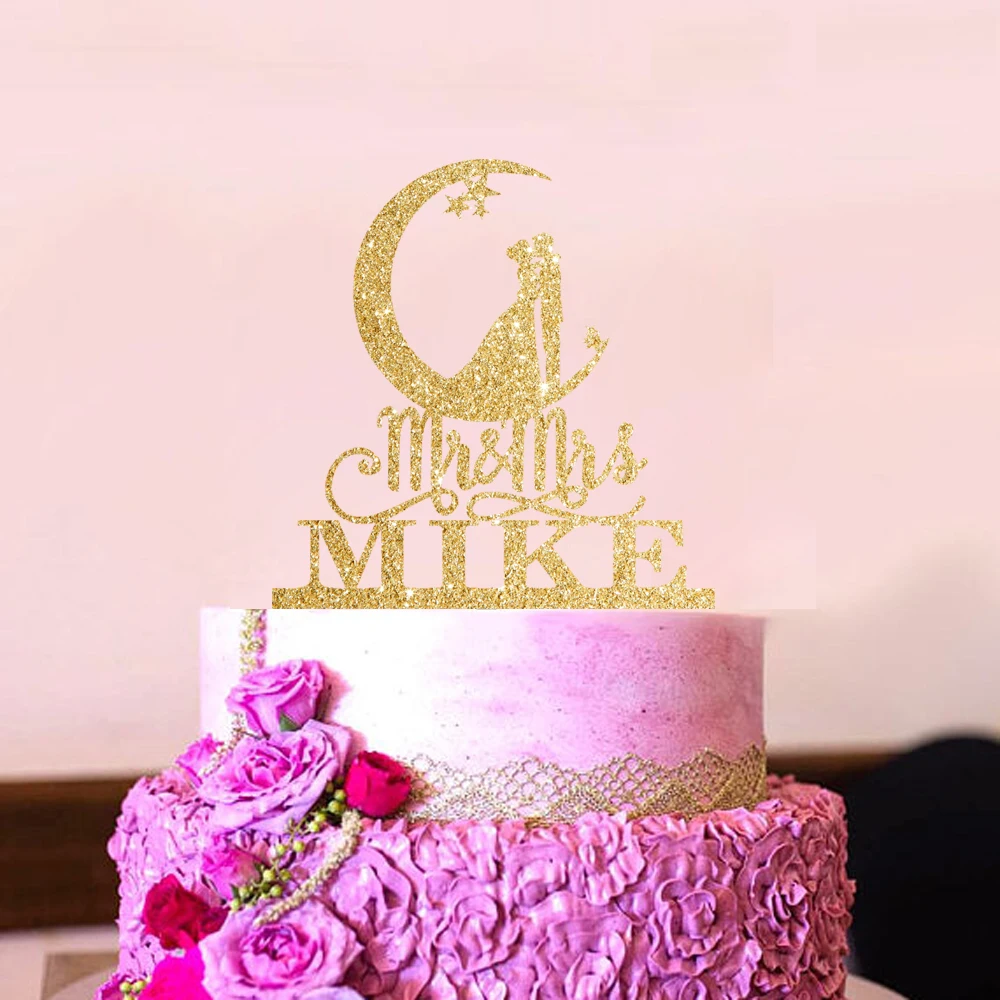 

Персонализированный Топпер для свадебного торта для пары на Луне, топпер для торта с именем жениха и невесты на заказ, акриловый Золотой Топ...