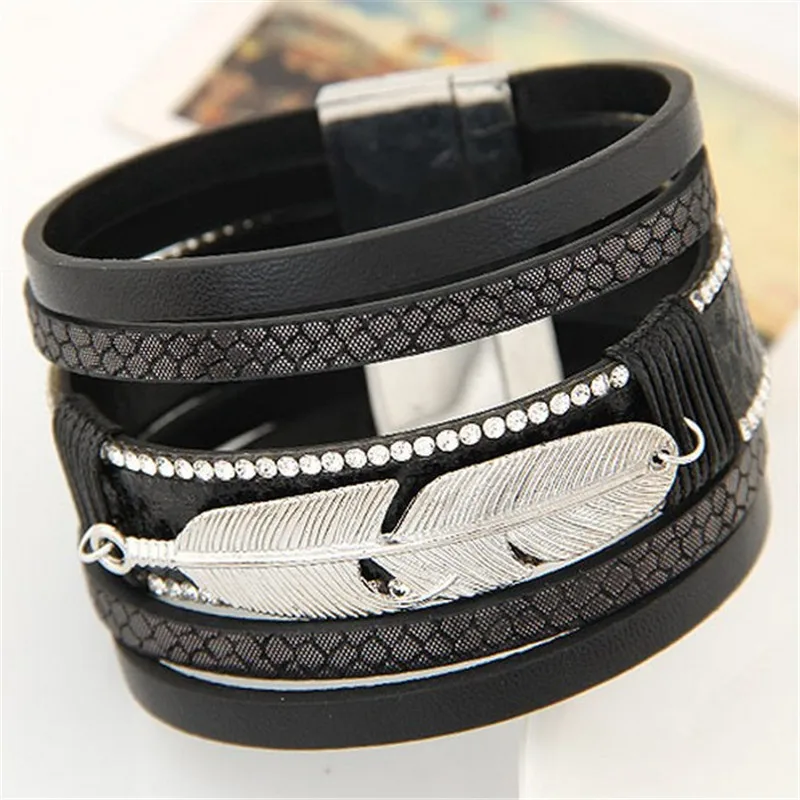 DIEZI мода сплав перо Листья широкий Магнитный кожаный браслет& Браслеты Многослойные браслеты ювелирные изделия для женщин мужчин подарок