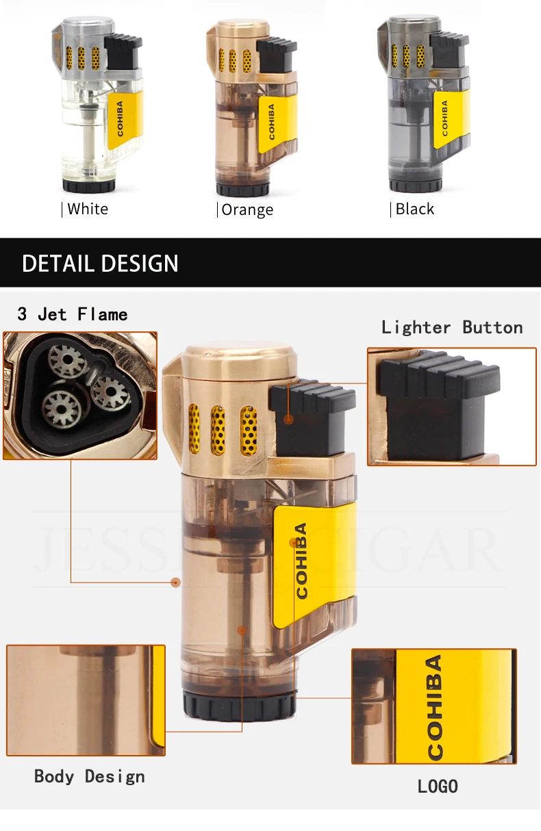 COHIBA гаджеты для мужчин прозрачная Бутановая газовая зажигалка Winproof 3 струйная Зажигалка факела сигарета курительные зажигалки для сигар