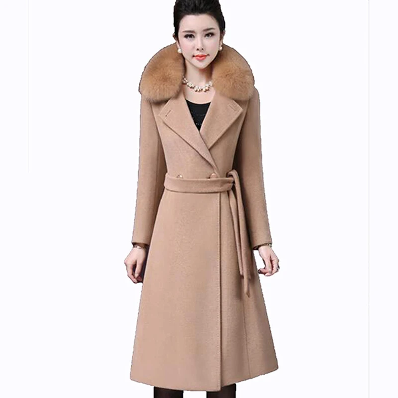 Новинка зима 2017 Женское шерстяное пальто с толстым воротником из лисьего меха