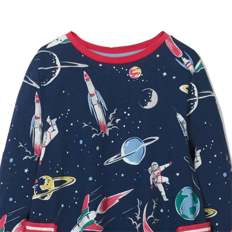 Spring autumn European American brand children Spaceship planet printing clothing knit girl dress long sleeve striped kids | Детская