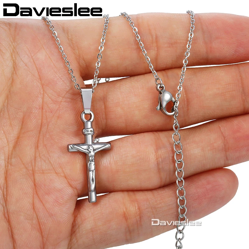Davieslee Jesus Christ Cross Pendant Necklace for Women Gold Silver Color Stainless Steel Chain Rolo Link LKNM148 | Украшения и