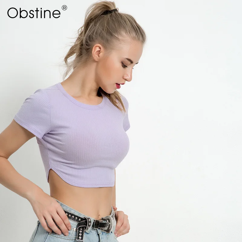 Obstine светло фиолетовый Ribbed Knit Tee 2018 Лето Для женщин короткий рукав Базовая