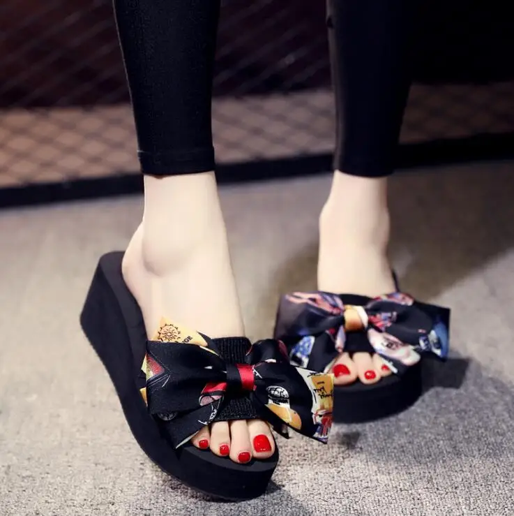 6cm slippers Sandalias; женская летняя пляжная обувь с бантом; женские шлепанцы; вьетнамки на Плоском Каблуке; женская обувь на платформе; c22 - Цвет: 6cm slippers