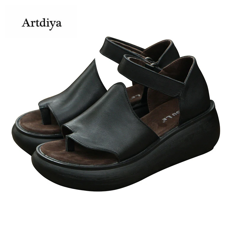 Artdiya Summer New Casual Thick Bottom Leather Sandals Female Retro Wedges Heels Soft Sole Hook and Loop Handmade Shoes | Обувь
