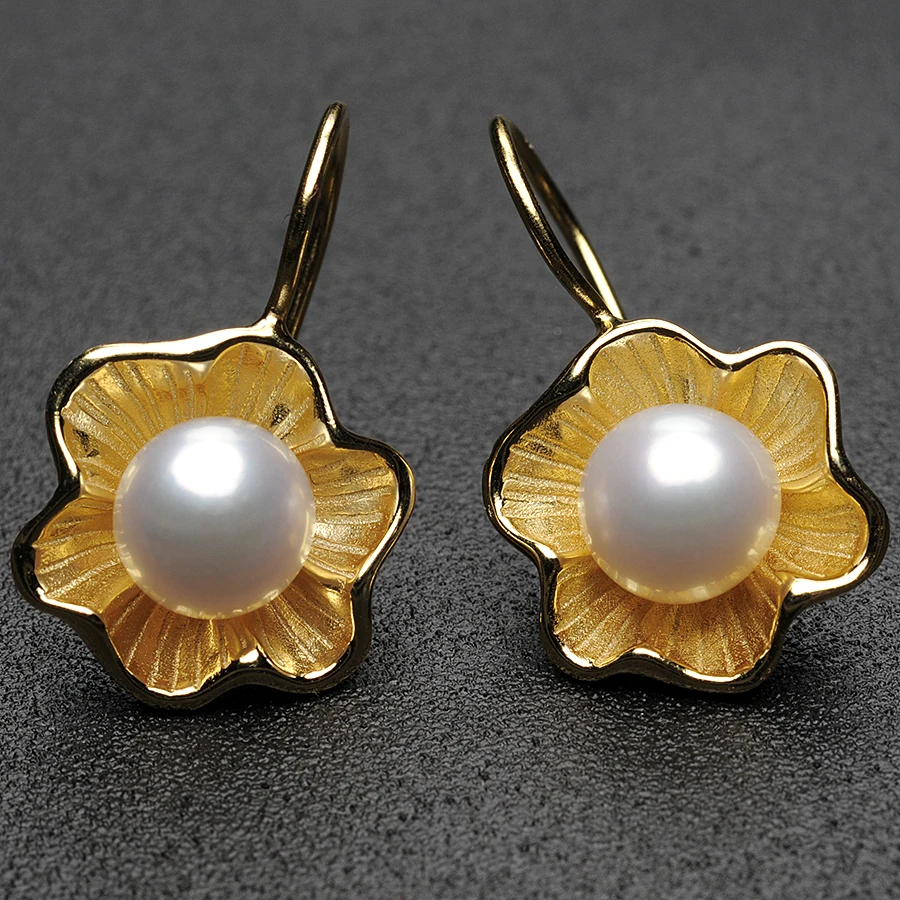 

FEIGE Gold Plated Pearl Earrings 7-8mm Pearl Drop Earrings Genuine Golden Color 925 Sterling Silver Earring Female Pearl Jewelry