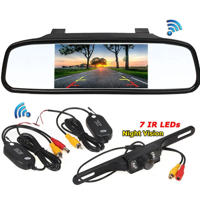 

Wireless Car Reversing Rearview System 4.3" TFT LCD Mirror Monitor +7LEDs Night Vision Waterproof Vehicle Backup Reverse Camera