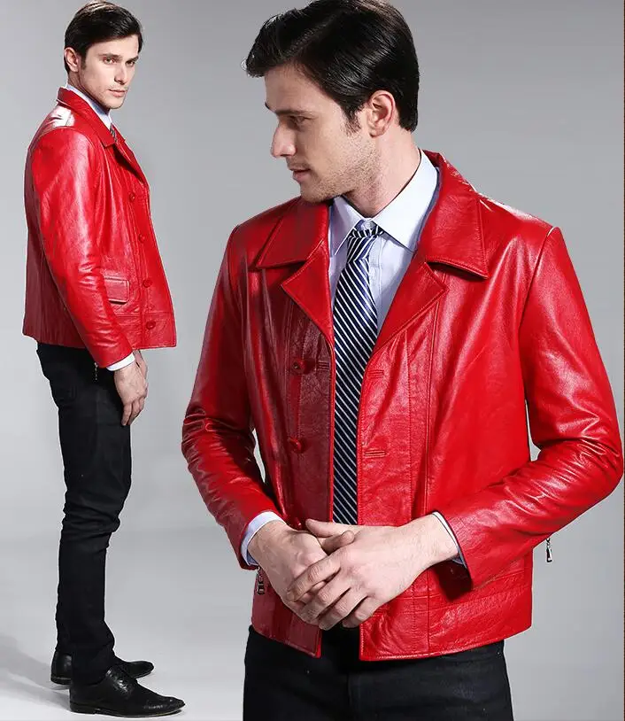 Мужская кожаная куртка Красная приталенная из натуральной телячьей кожи