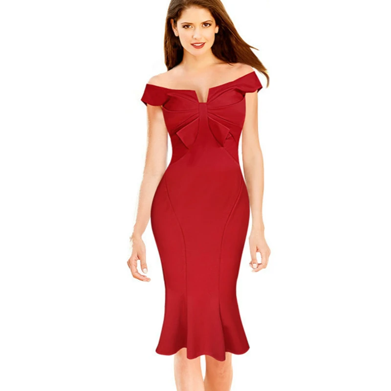 Женское ретро платье с бантом спереди облегающее красное синее розовое
