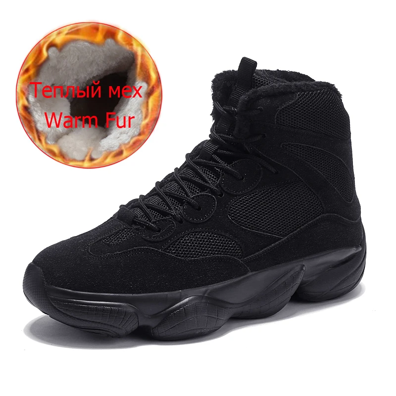 Winter Men Snow Boots Warm Fur Man Ankle Boots Lace-Up High Quality Thick Plush Winter Boots Plush Autumn Basic Work Shoes - Цвет: Fur black
