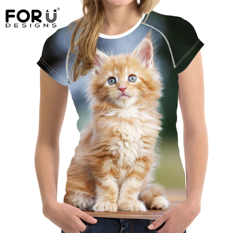 FORUDESIGNS/летние дышащие женские футболки с милым рисунком кота коротким рукавом