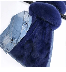 blue coat blue fur Зимняя куртка, пальто, женская белая джинсовая куртка с дырками, настоящий большой воротник из лисьего меха, с капюшоном, с подкладкой из кроличьего меха, свободная куртка, Корейская Новинка - Цвет: blue coat blue fur