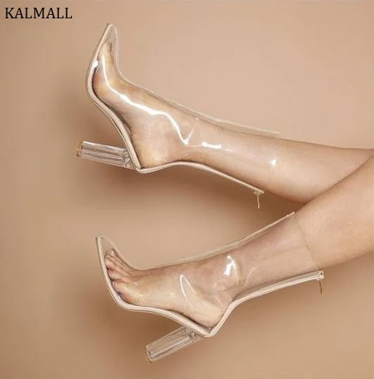 KALMALL Summer Transparent PVC Women Short Boots Kim Kardashian Style Ankle Boots Pointed Toe Clear Block Heels Women Rainboots