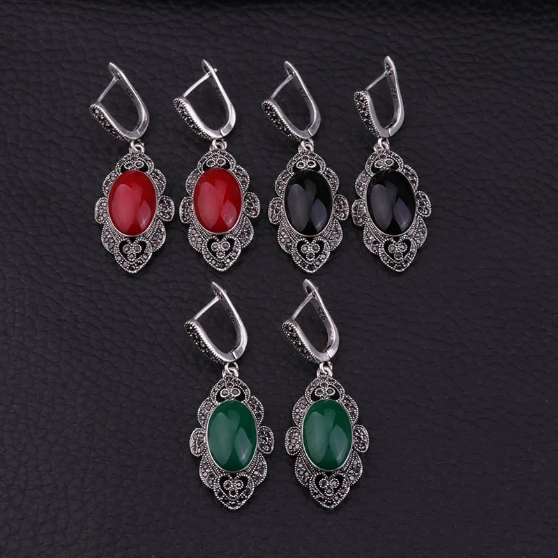 Sellsets, этнические Винтажные серьги, черные стразы, красные, зеленые, черные, эмалированные висячие серьги, серебряный цвет, богемное ювелирное изделие