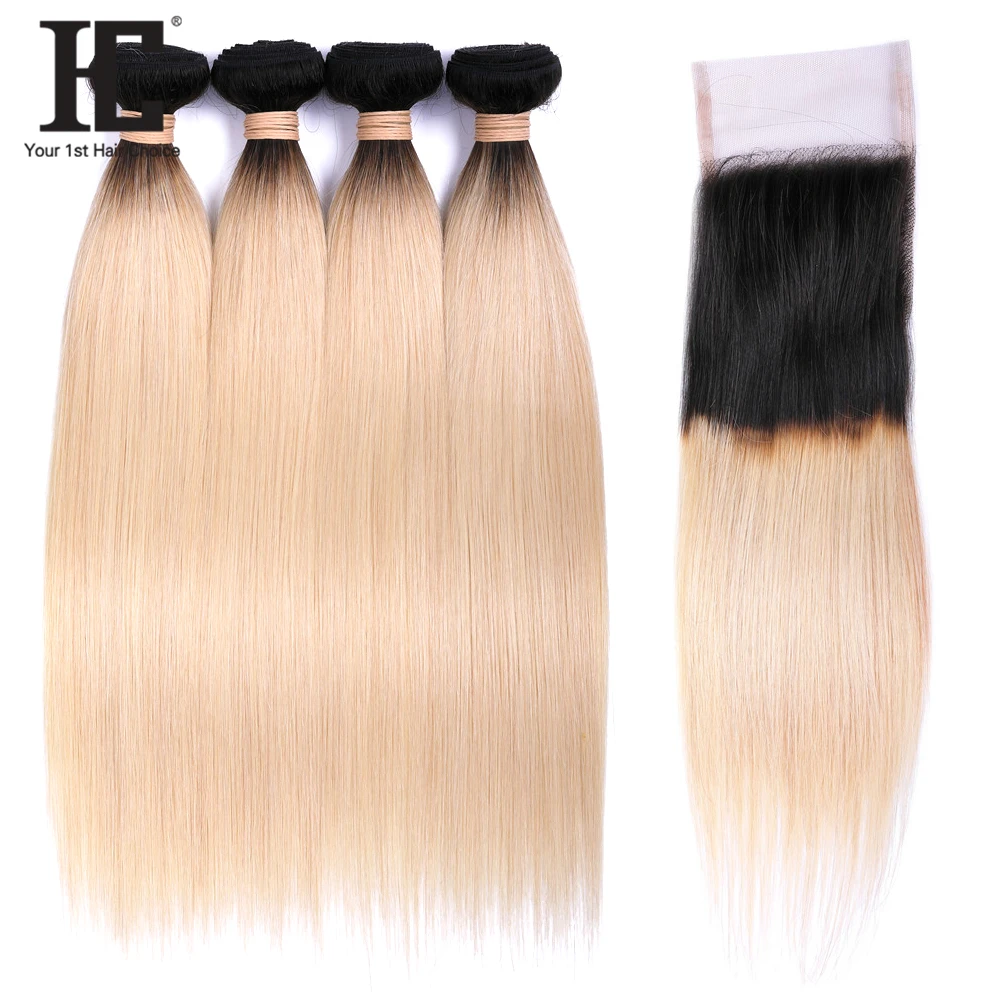 

T 1b/613 3 Bundles With Closure 2 Tone Indian Straight Ombre Human Hair Extensions With Lace Closure Blonde Color Remy Hair HC