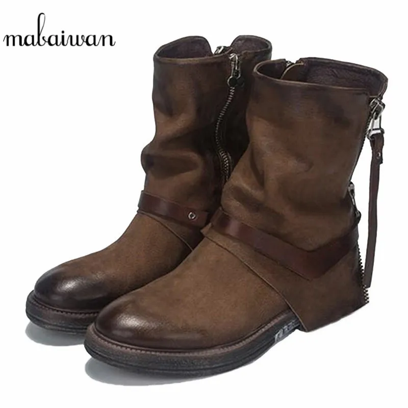 preço Mabaiwan 2019 Novas Mulheres Sapatos De Couro Genuíno Ankle Boots Botas De Montaria Curto Outono Inverno Botas Militares Sapatos De Neve Preto Mulheres Flats
