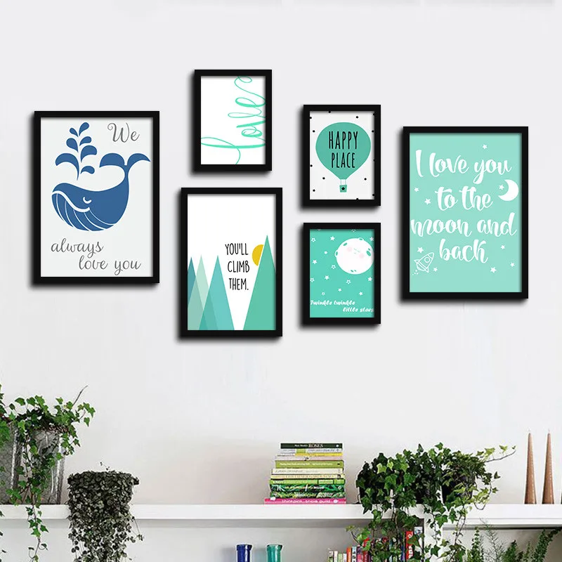 

Posters Blue whale Green Letters Happy Place Wall Painting Canvas Art Print Wall Pictures Home Decoration poster No Frame
