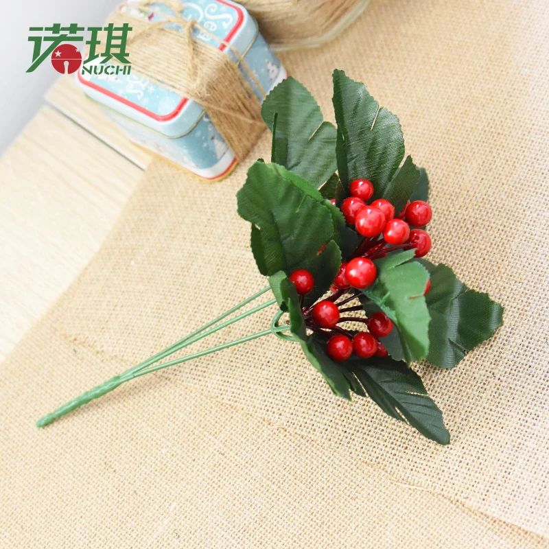 NUCHI 27cm trigeminal Christmas leaf simulation red fruit berry string cutting tree decorations diy accessories | Дом и сад