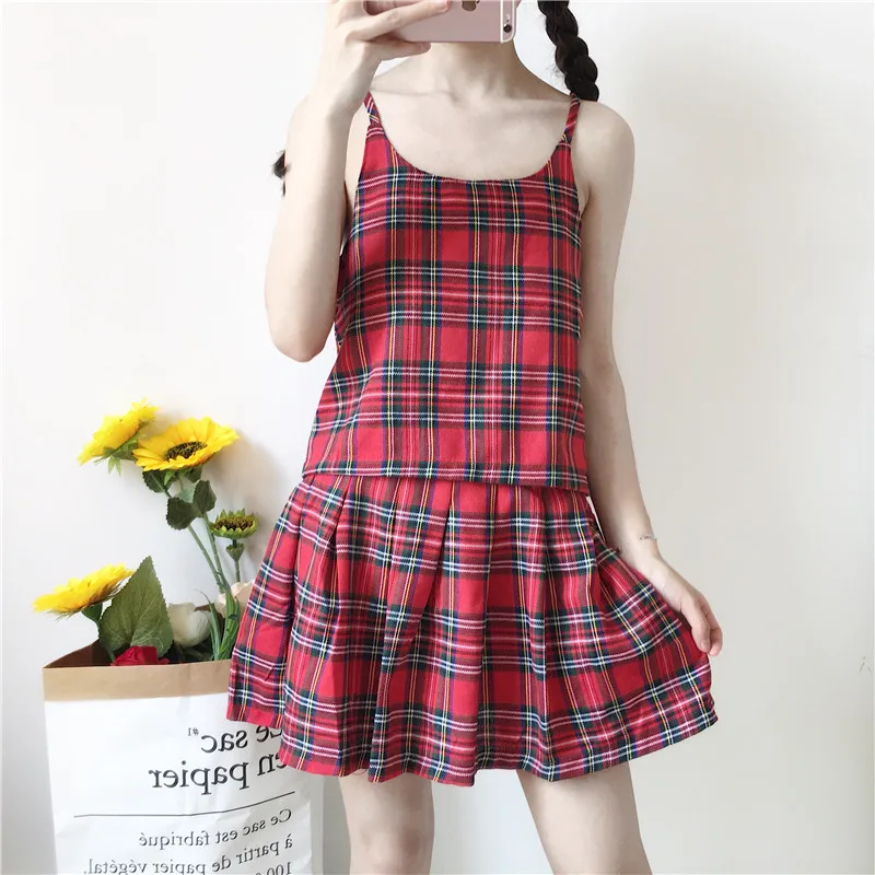 Женская плиссированная мини юбка в стиле Харадзюку милая безрукавка на бретелях