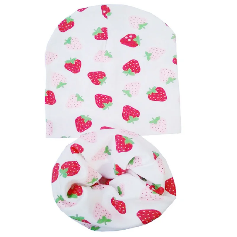 Strawberry Шапка с рисунком для маленьких девочек, шапка для мальчиков, детские шапки и шапки, детский хлопковый шарф-воротник, осенне-зимний комплект с шапочкой для малышей 0-4 лет - Цвет: Strawberry
