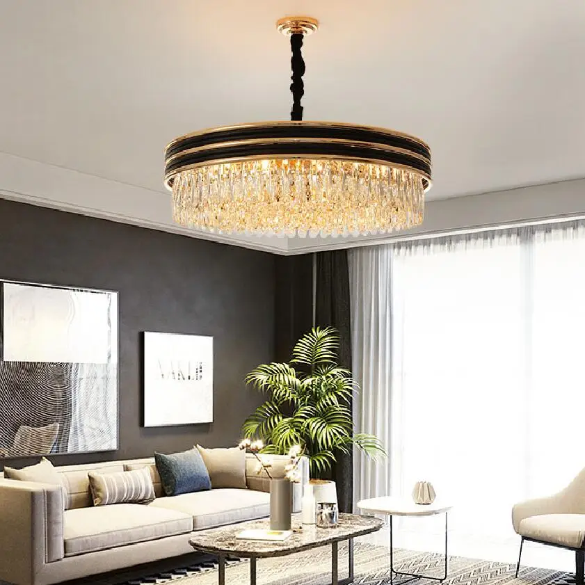 Living room crystal chandelier luxury modern round black plus gold American new LED restaurant bedroom lamps