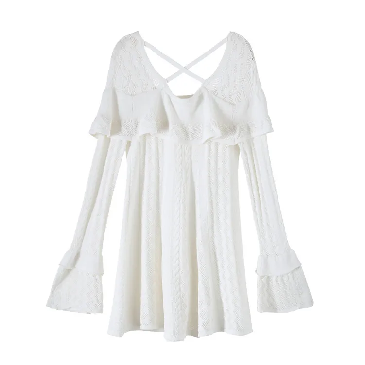 

Self Portrait Designer Dress 2019 Spring Elegant White Ruffles Knitted Dress Backless Flare Sleeve Mini Hollow Out Party Dress