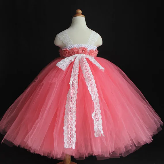 Girls White Long Tutu Dress Kids Tulle Ball Gown Lace Strap With Shabby Flowers Children Wedding Party Costume | Детская одежда и