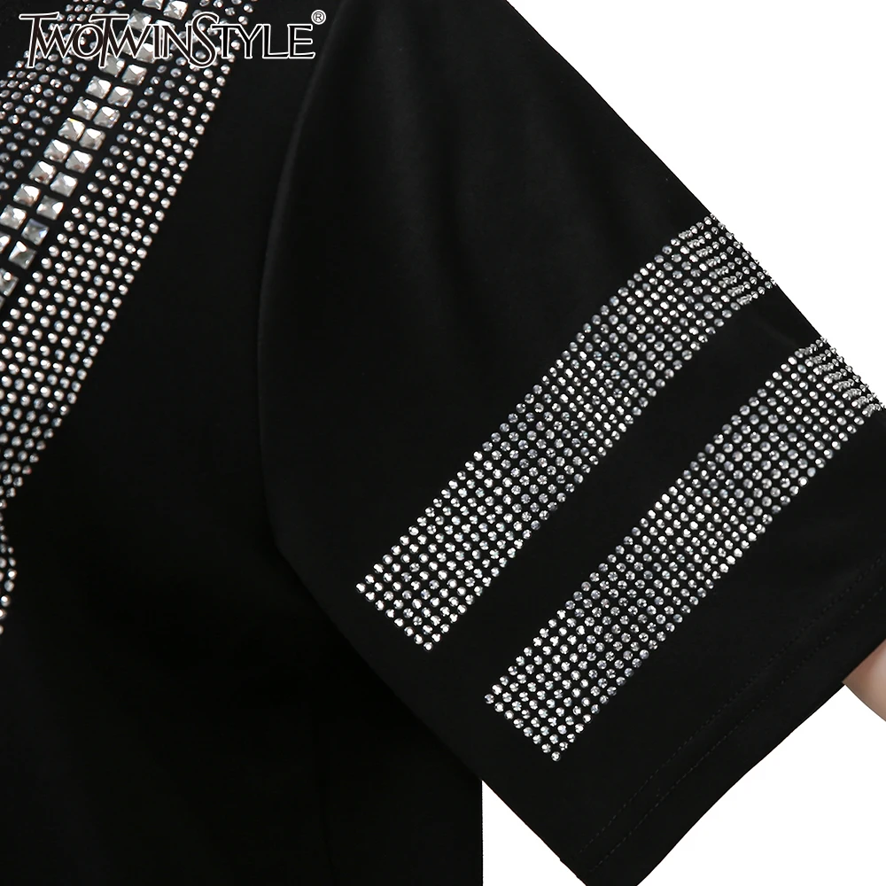 Twotwinstyle Лето 2017 г. Для женщин бриллиантами длинная футболка Мини-платья рукав