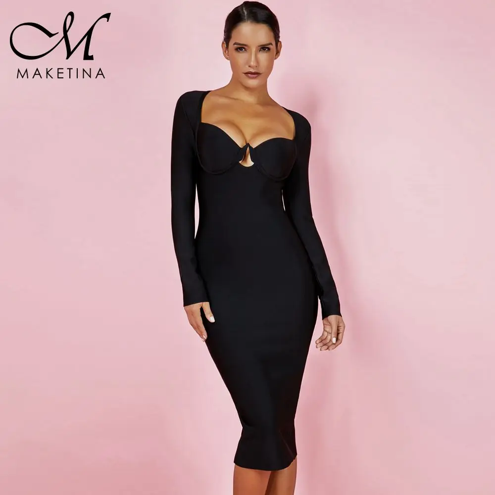 Женское Бандажное платье Maketina черное с длинным рукавом и глубоким треугольным