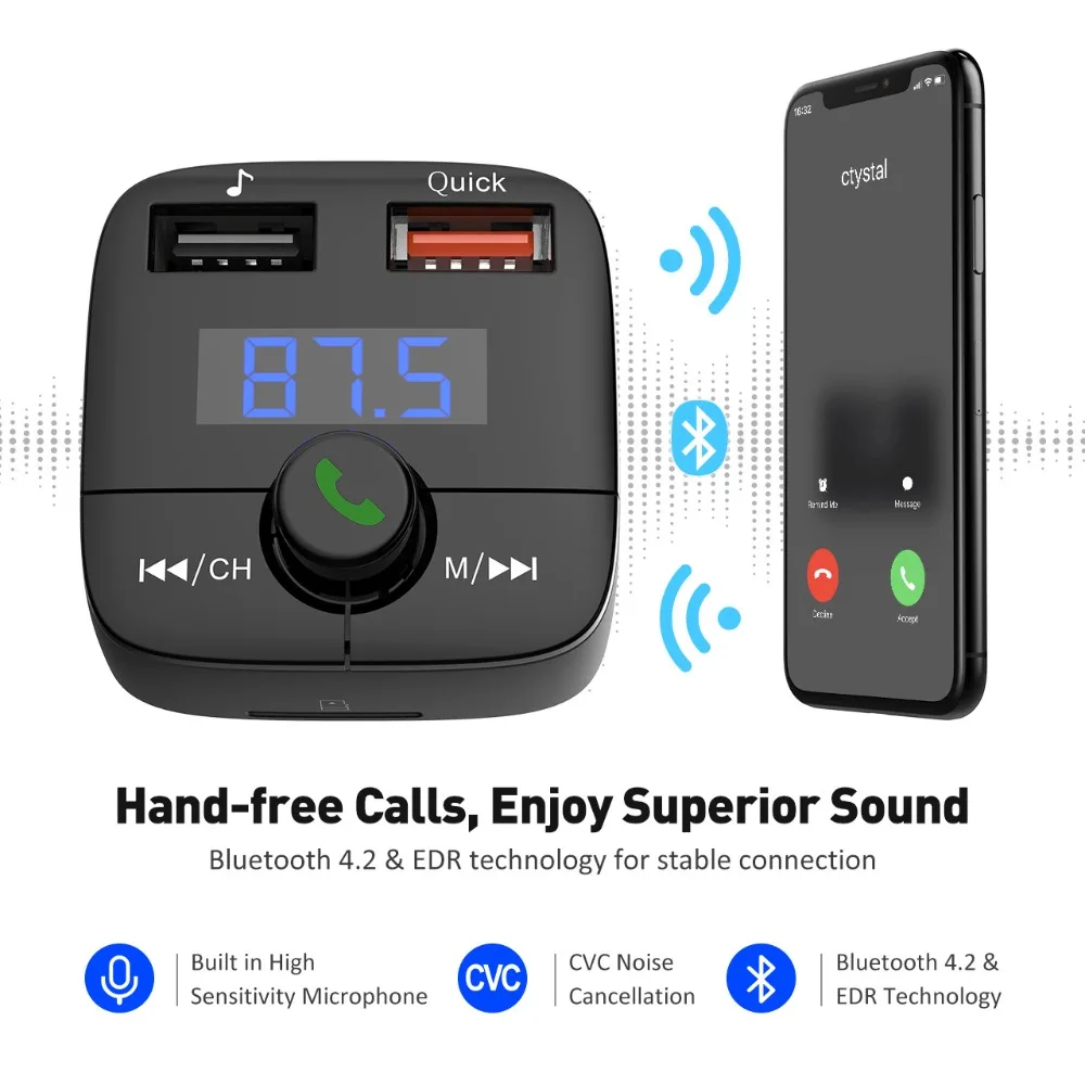 VicTsing bluetooth передатчик беспроводной автомобильный комплект радиоадаптер без рук