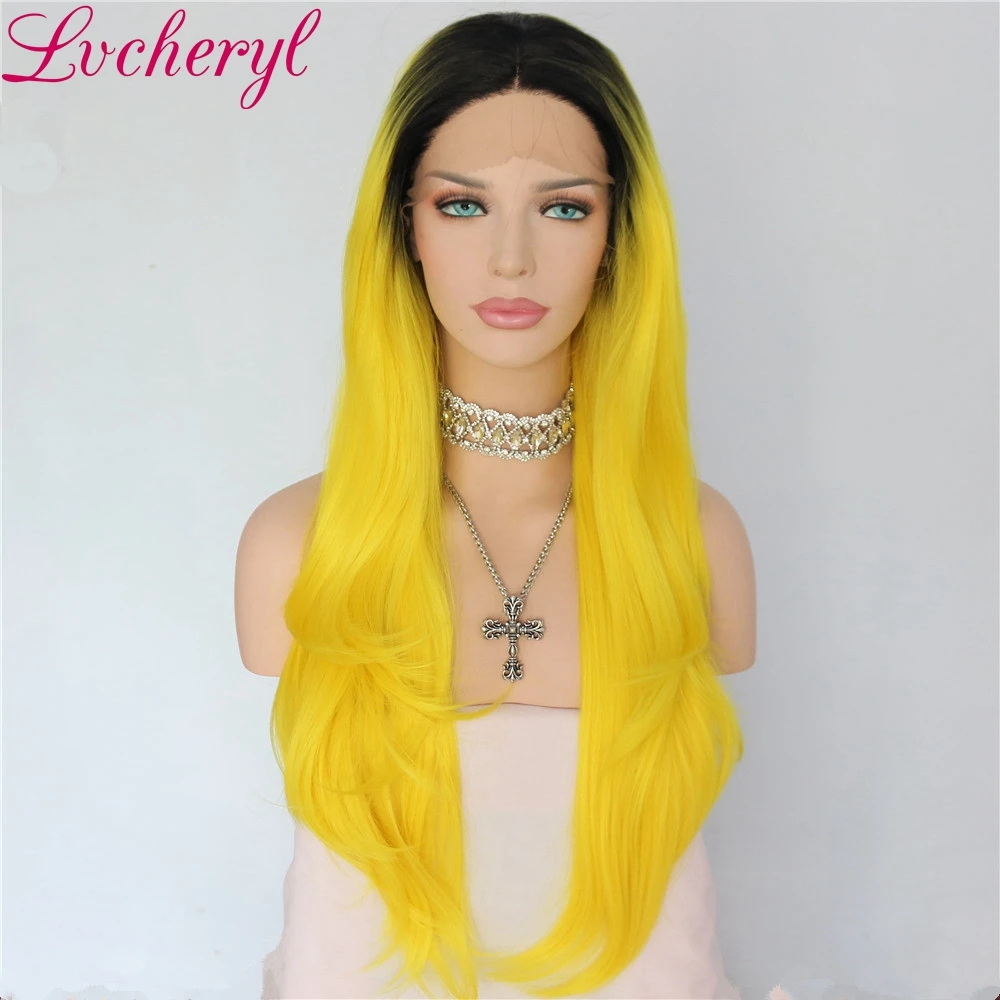 Lvcheryl ручная вязка натуральные длинные прямые Омбре черные до желтые термостойкие волоконные волосы Синтетические Кружева передние парики для макияжа
