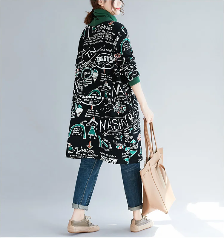 Осенне зимние женские Модные Винтажные топы с мультяшным принтом размера плюс