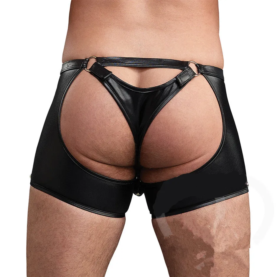 Сексуальные мужские эротические кожаные блестящие шорты с открытой