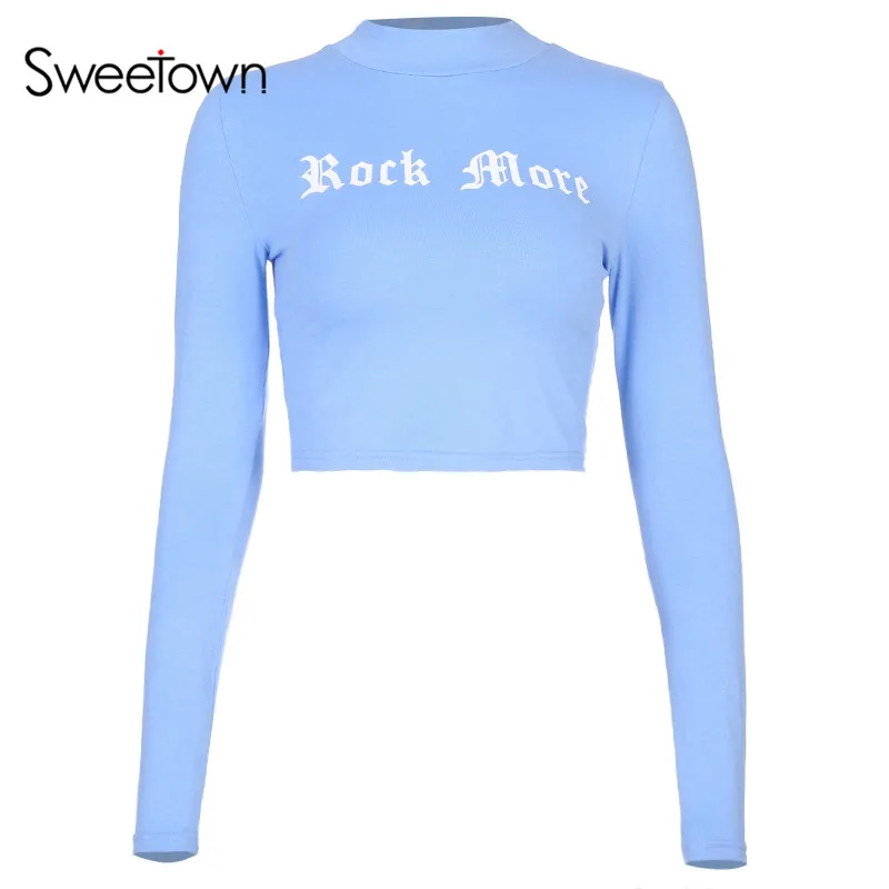 Sweetown короткий топ с длинным рукавом Harajuku, женская красная Корейская футболка с принтом,, осенняя Сексуальная облегающая синяя футболка Kawaii, осенняя футболка - Цвет: blue