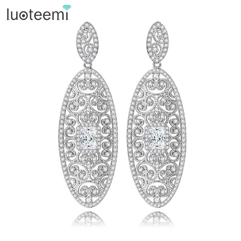 Luoteemi новый большой длинный супер люкс Ясно CZ Висячие серьги для Для женщин овал