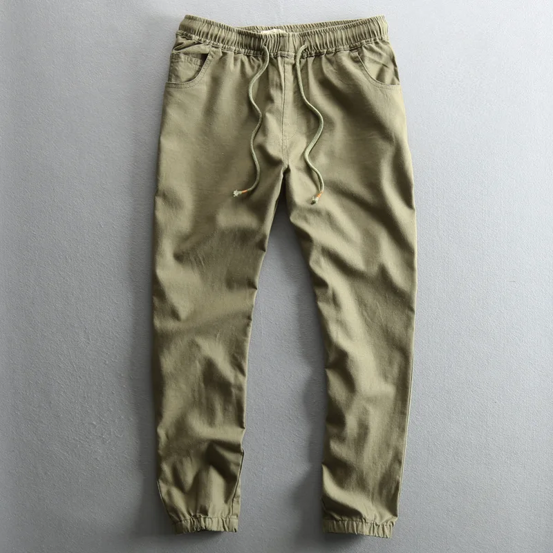 Летние мужские брюки из хлопка и льна облегающие зауженные повседневные модные