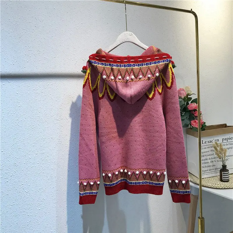 JOYDU High Street Oversize Sweet Sweater Women Cardigan Coat 2019 Hooded Lace Up Hairball Strawberry Patchwork Knitted Sweaters |