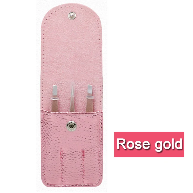 rose gold 3 шт./компл. пинцет для бровей из нержавеющей стали уход за кожей лица удаления волос ресницы, триммер для стрижки волос набор инструментов для макияжа с кожаный чехол - Цвет: rose gold