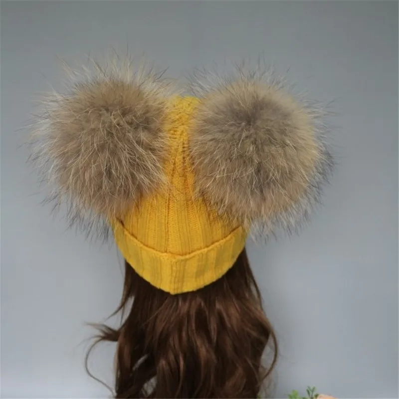 Женская вязаная шерстяная шапка с помпонами двойной мяч из натурального меха